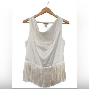 NWT Rachel Zoe Black Satin Cowl Neck Fringe Hem Sleeveless Blouse White Size S